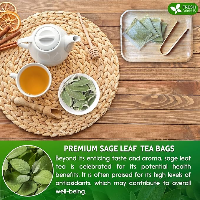 FreshDrinkUS Premium 75 Sage Leaf Tea Bags, 100% Natural & Pure. Loose Leaf Sage Herbal Tea. Made with Natural Material Tea Bags. No Sugar, No Caffeine, No Gluten, Vegan