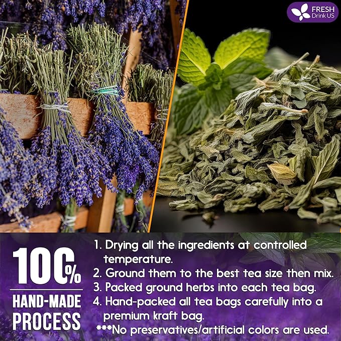 FreshDrinkUS, Premium 35 Tea Bags Lavender Mint Tea, 100% Natural, Blend of Lavender, Peppermint, Sage and Licorice. Made with Natural Material Tea Bags. No Sugar, No Caffeine, Vegan.