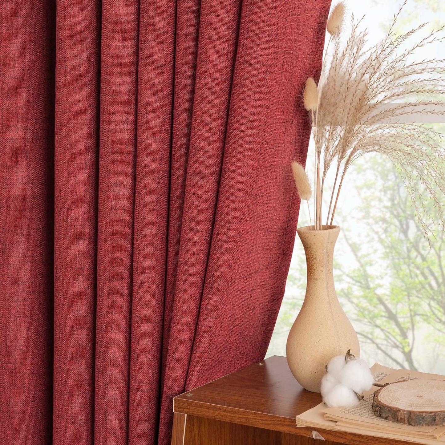 YoungsTex Red Linen Curtains 45 Inch Length for Kitchen, Short Window Drapes with Rod Pocket Back Tab Light Filtering Christmas Decor for Bathroom Cafe, 2 Panels, 42 X 36 Inch