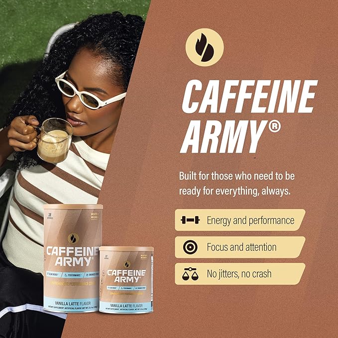 CAFFEINE ARMY Vanilla Latte | Comprehensive Functional Coffee with MCTs, CoQ10, Collagen and Adaptogens: Clean Energy + Supports Daily Attention, No Jitters or Crash (13.4 oz 38 Servings)