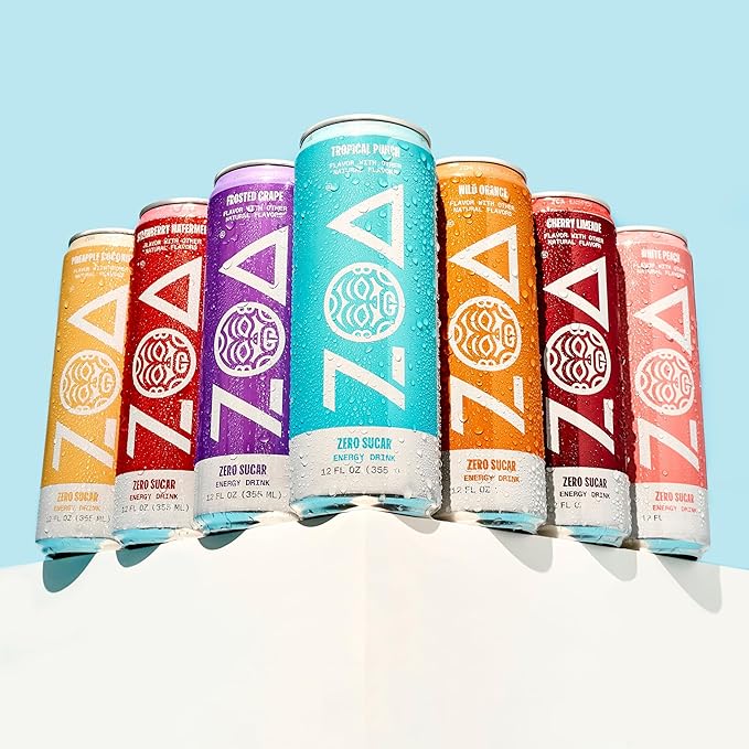 ZOA Zero Sugar Energy Drinks, Tropical Punch - Sugar Free with Electrolytes, Healthy Vitamin C, Amino Acids, Essential B-Vitamins, and Caffeine from Green Tea - 12 Fl Oz (12-Pack)