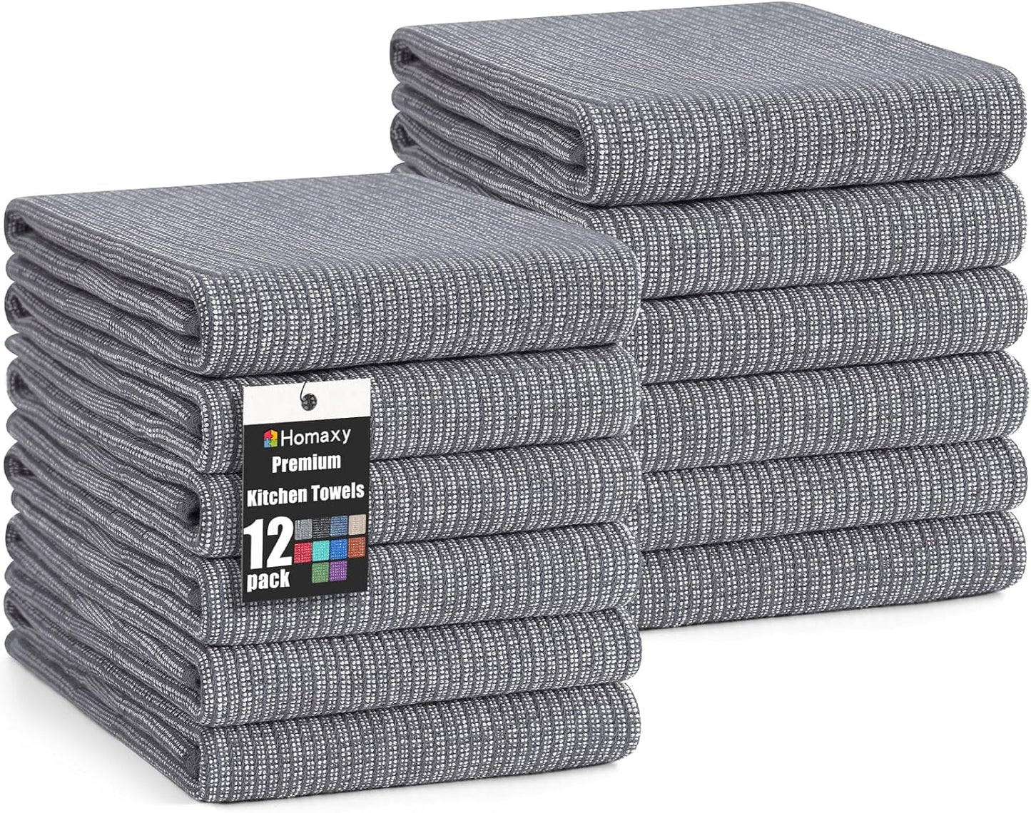 Homaxy Premium Kitchen Towels(18”x 28”, 12 Pack), Large Cotton Kitchen Hand Towels, Flat and Terry Dish Towels, 380 GSM Highly Absorbent Tea Towel Set with Hanging Loop, Grey