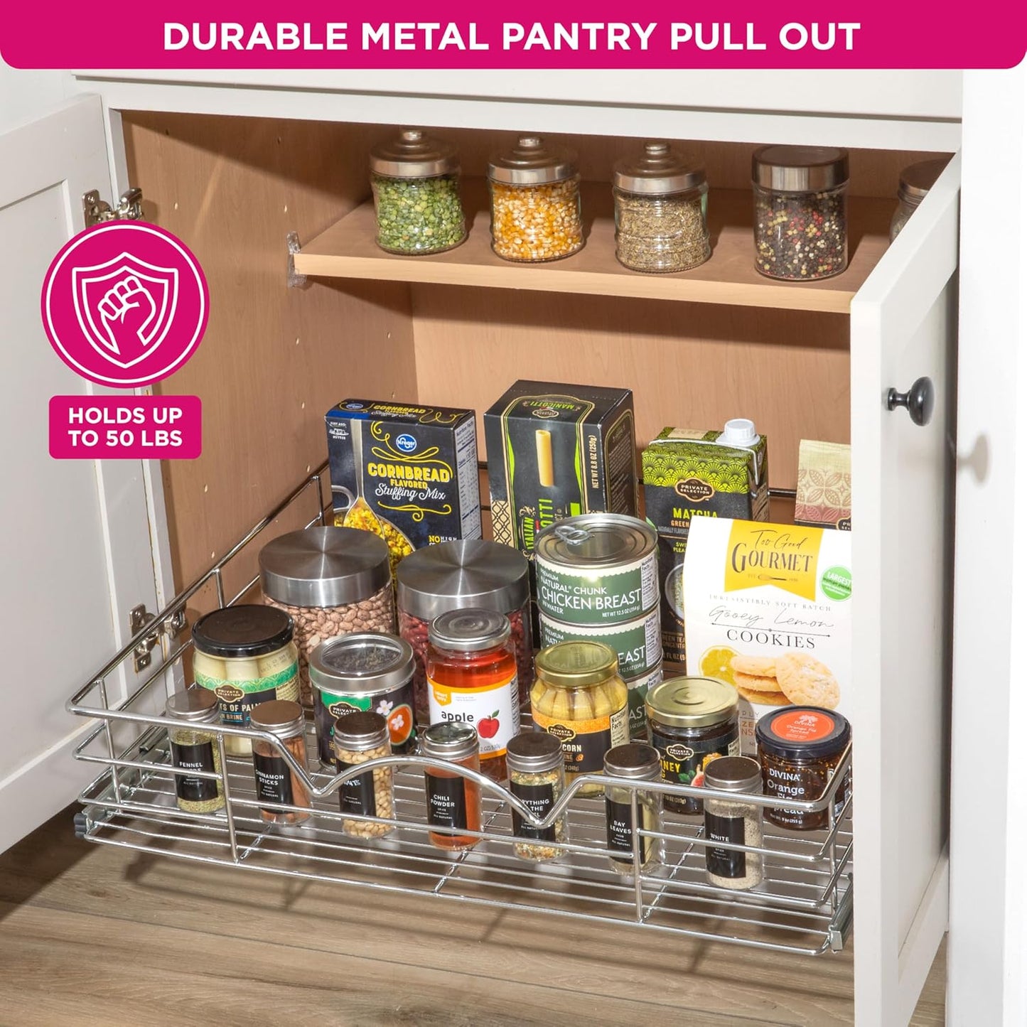 HOLDN’ STORAGE Heavy-Duty Premium Collection Pull Out Cabinet Organizer, Cabinet Drawer Slide Outs, Lifetime Limited Warranty - Basket Size 26" W x 21" D x 5" H, Anti-Rust Chrome Finish