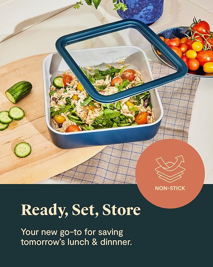 Caraway Glass Food Storage, 10 Cup Glass Container - Ceramic Coated Food Container - Non Stick Lunch Box Container with Glass Lids. Dishwasher, Oven, & Microwave Safe - Square Shape - Perracotta