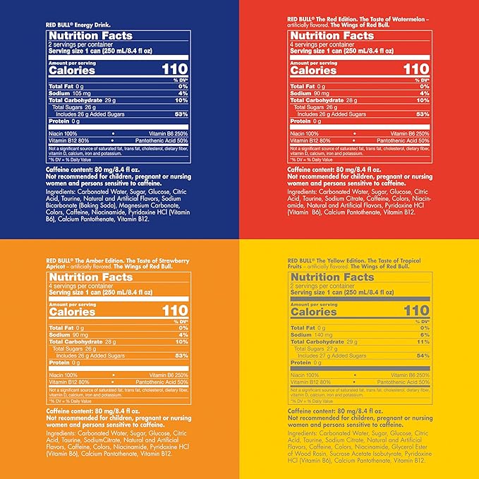 Red Bull Energy Drink Variety Pack, Red, Yellow & Amber, with 80mg Caffeine plus Taurine & B Vitamins, 8.4 Fl Oz, Pack of 24 Cans