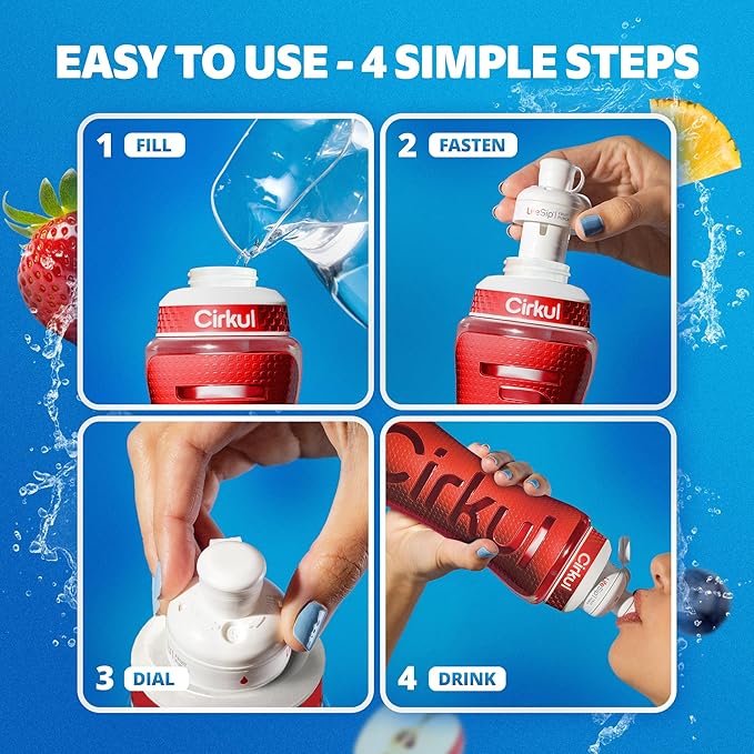 Cirkul 22oz. Red Plastic Grip Squeeze Water Bottle & Sport Lid, BPA-Free, Non-Slip Design for Gym, Biking & Sports