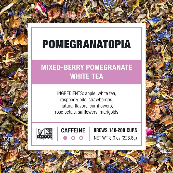 Tiesta Tea Pomegranatopia – Premium Loose Leaf Mixed-Berry Pomegranate White Tea | Low-Caffeine Blend | Hot & Iced | 8oz Resealable Pouch | Brews Up to 200 Cups