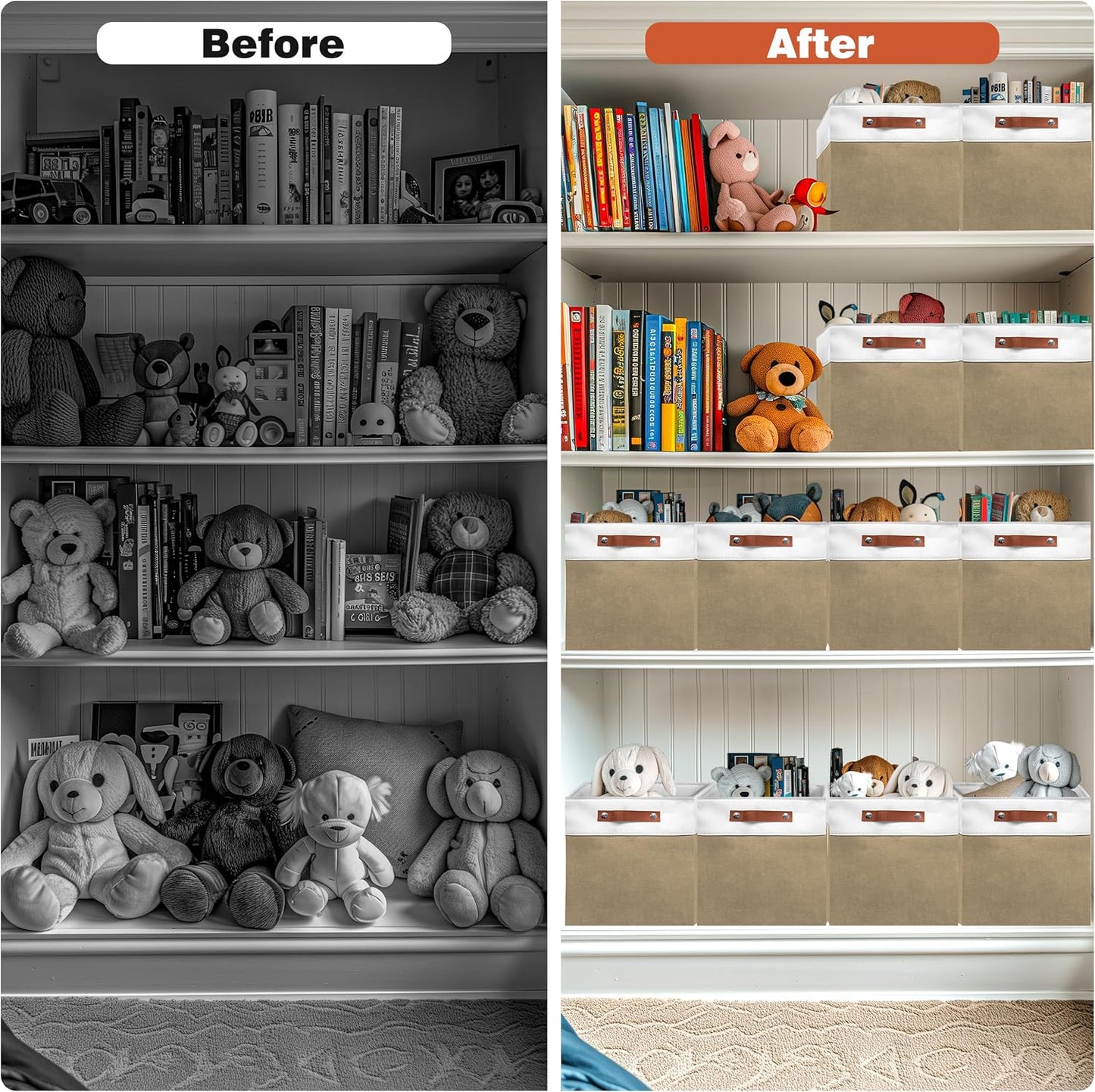 12in Open Fabric Storage Basket with Leather Handles for Organizing, Collapsible Linen Closet Bins for Shelves, Closets, Laundry, Decorative Basket for Gifts. (White＆Khaki, 2PCS/12x12in)