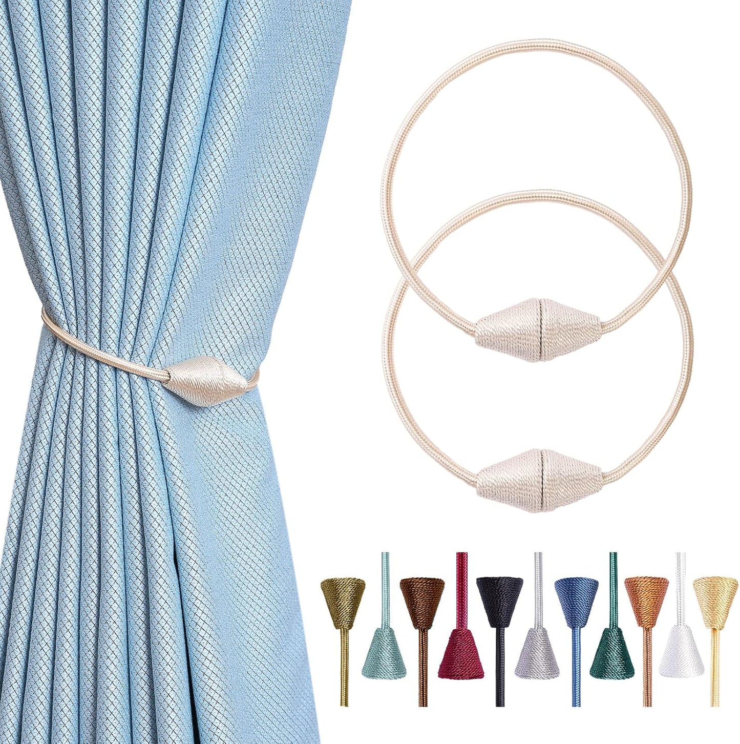 2 PCS Magnetic Curtain Tiebacks, European Style Convenient Drape Tie Backs Holdbacks for Thin or Thick Home & Office Window Draperies, No Tools Required（Beige）