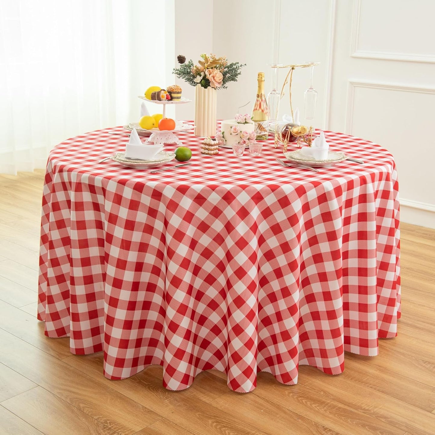 Waterproof Plaid Tablecloth Fabric - Round 108 Inch Classic Gingham Checker Table Cloth for Indoor/Outdoor Use - Buffalo Table Cover for Picnics, BBQs, and Parties