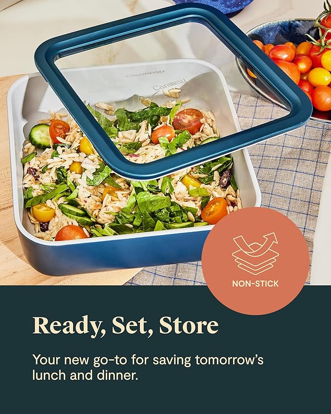 Caraway 6pc Glass Food Storage Set – 10 Cup Food Containers (6) - Ceramic Coated - Non Toxic, Non Stick with Lids - Microwave Safe - Sage