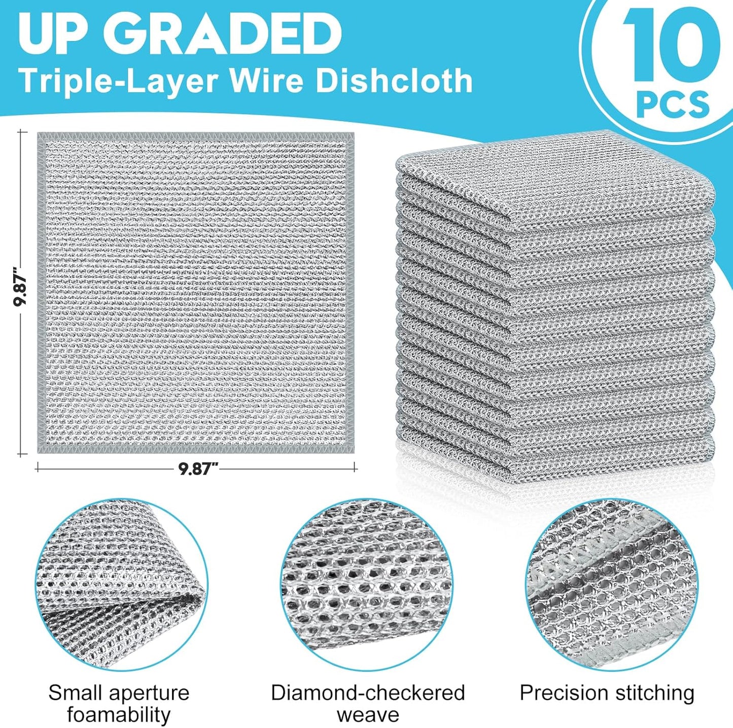 10 Pcs New Upgraded 3 Layers Non Scratch Wire Dishcloth, Multipurpose Wire Steel Wool Scrubber, Wet & Dry for Cookware, Sinks, Dishes, Stoves & Fireplaces 9.87“ x 9.87”