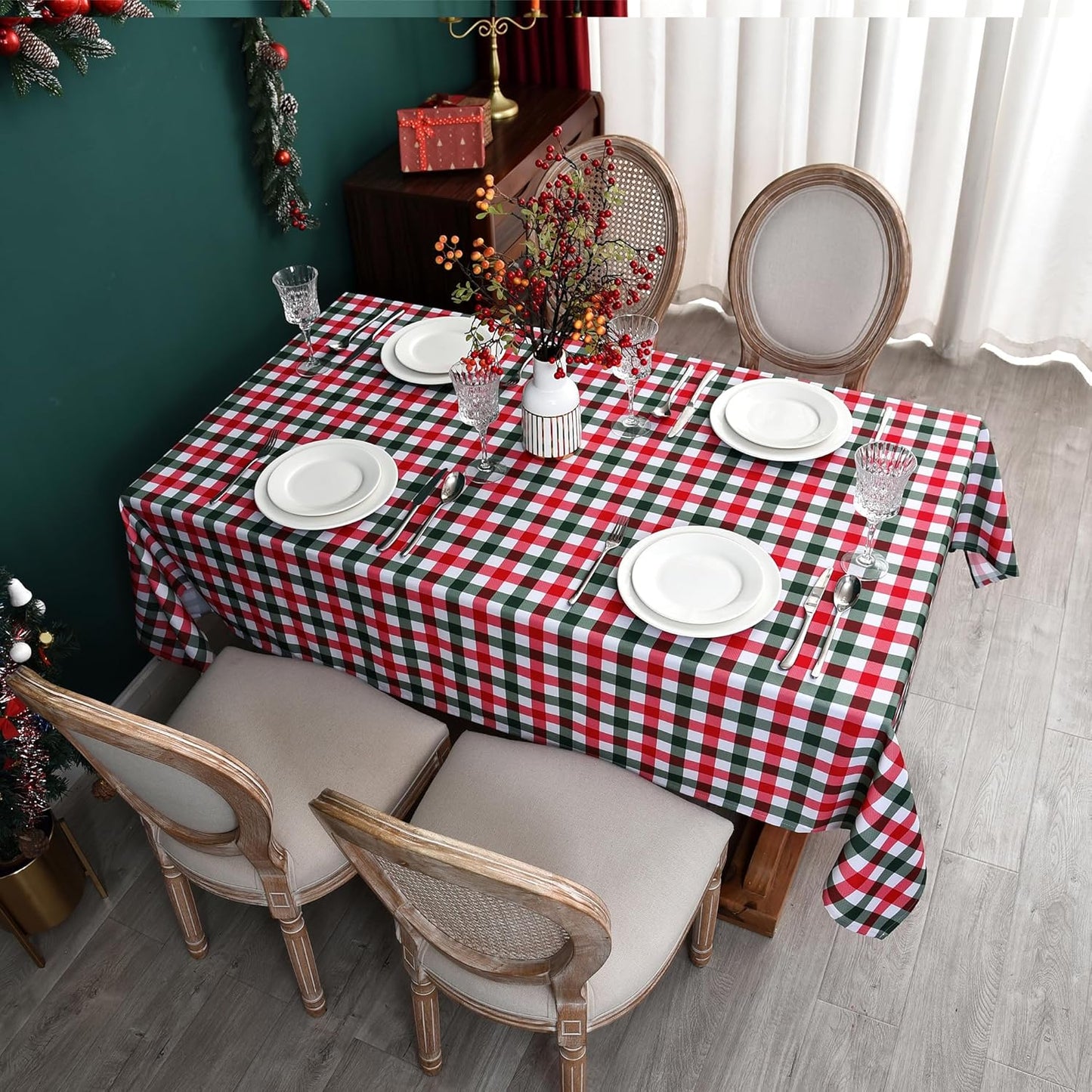 Red Gingham Christmas Plaid Tablecloth - Rectangular 58x102 Inch Water Resistant Table Cloth for Indoor/Outdoor Use - Holiday Table Cover for Kitchen, Picnics, and Parties