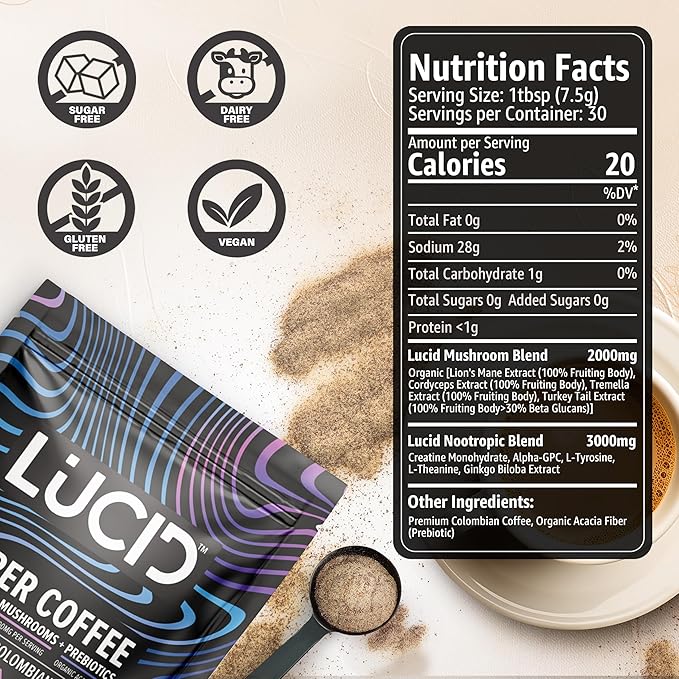 Lucid Superfood Organic Mushroom Coffee with Nootropics - Lion's Mane, Tremella, Cordyceps & Turkey Tail - Instant Mushroom Coffee Focus Brain Health - Alpha GPC, L-Theanine, Ginko Biloba - USA Made