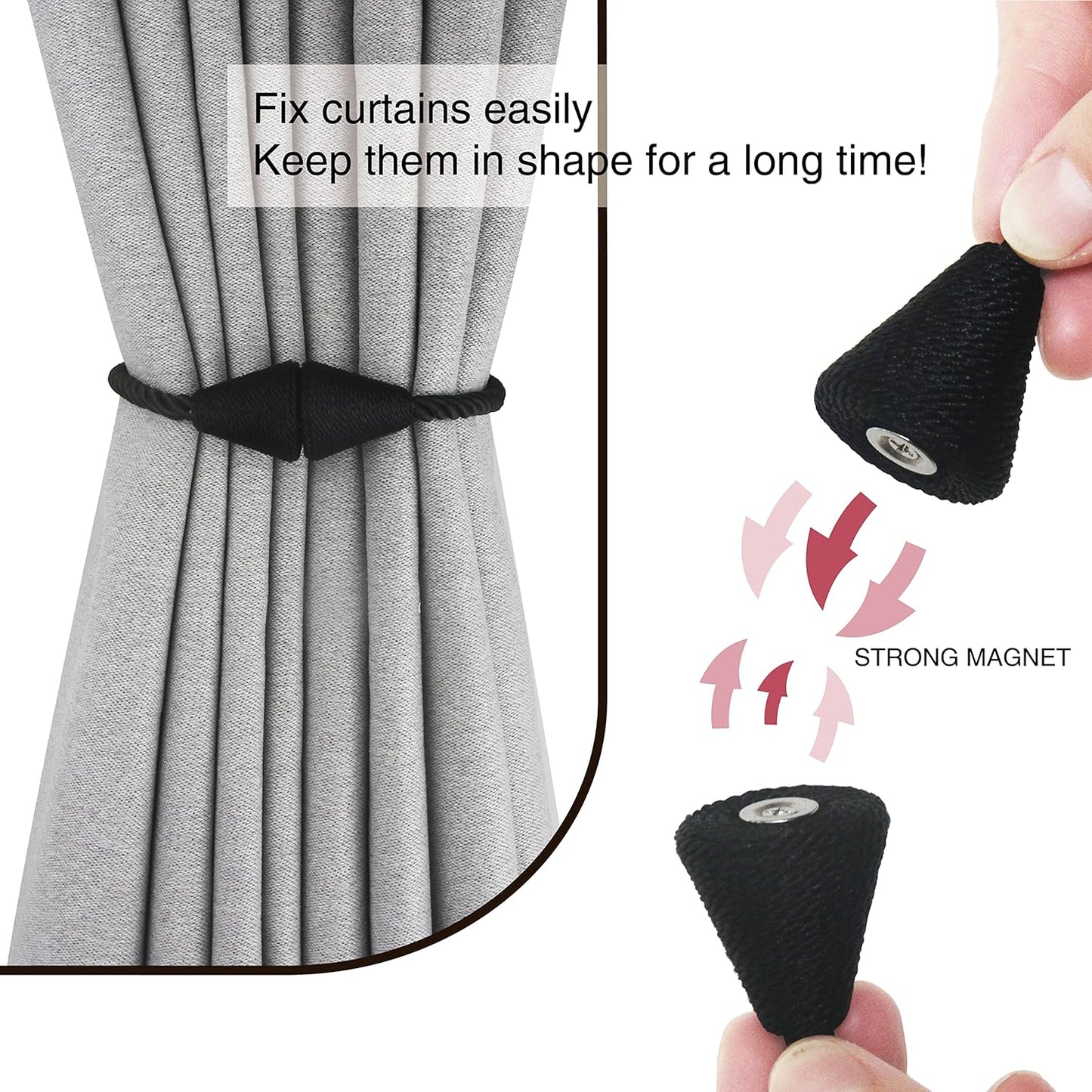 6 Pack Magnetic Curtain Tiebacks Rope Modern Handmade Curtain Tie Backs Decorative Drapes Weave Holdbacks for Window Décor, Black