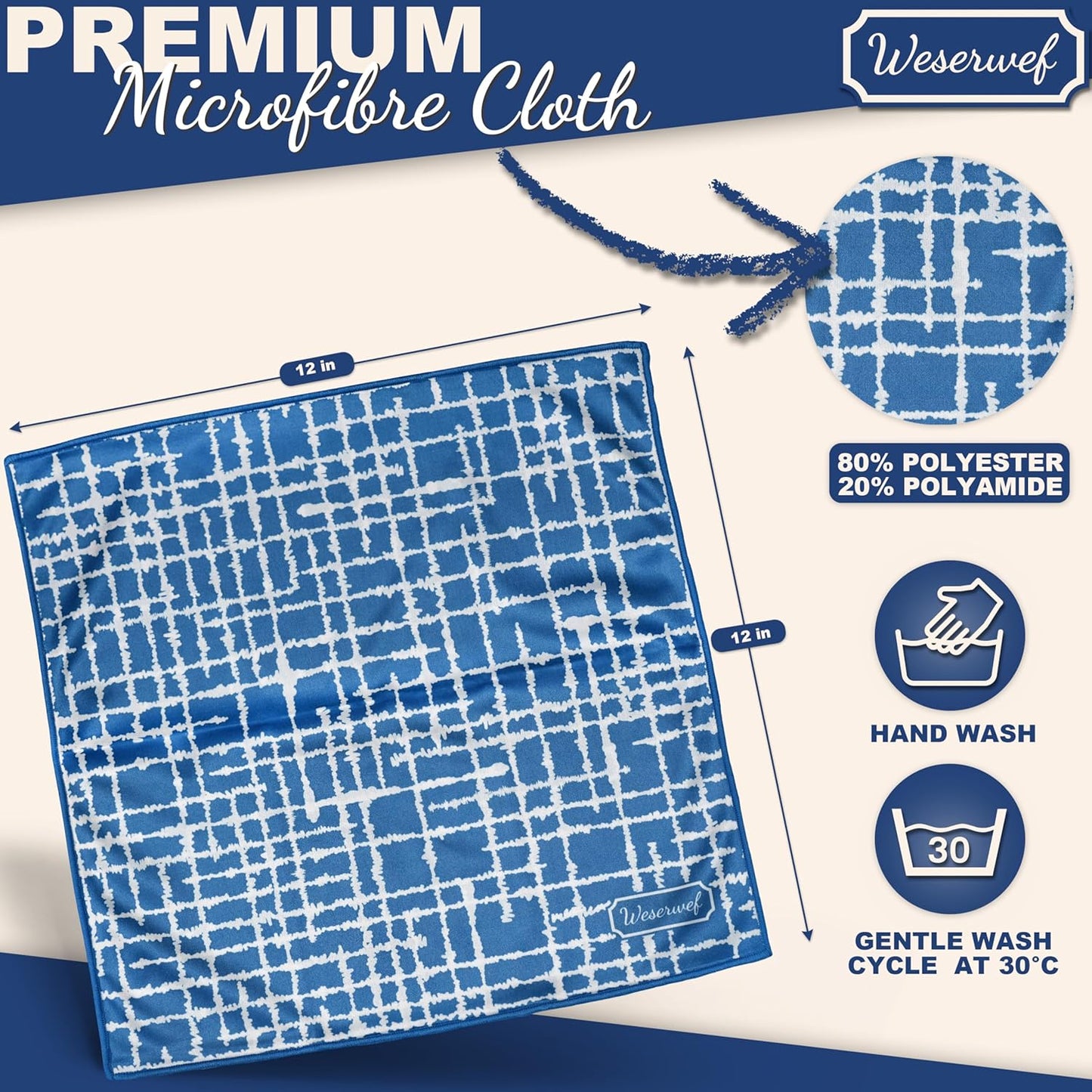 WESERWEF Design Microfiber Glasses Cleaning Cloth – Premium Cleaning Cloth for Eyeglasses, Screens, Tablets, Cameras & Lenses, 12" x 12", Ultra-Soft & Scratch-Free (Blue)