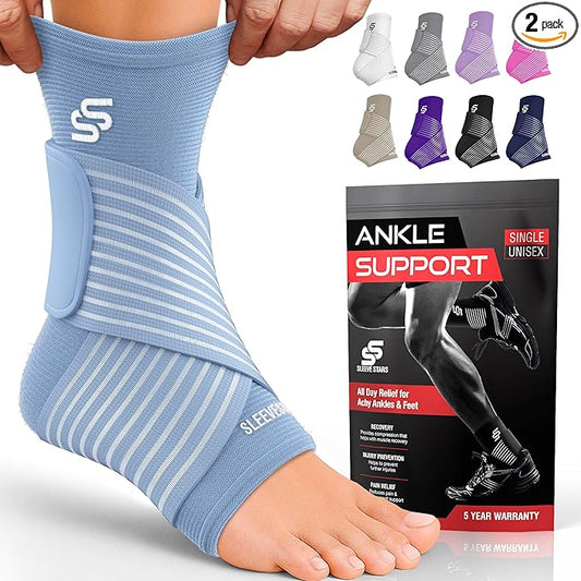 Sleeve Stars Ankle Brace for Women & Men, Ankle Wrap for Sprain, Compression Sleeve for Plantar Fasciitis Relief, Easy Customizable Support: w/ Removable Strap (Pair/M:10"-12"/Light Blue)