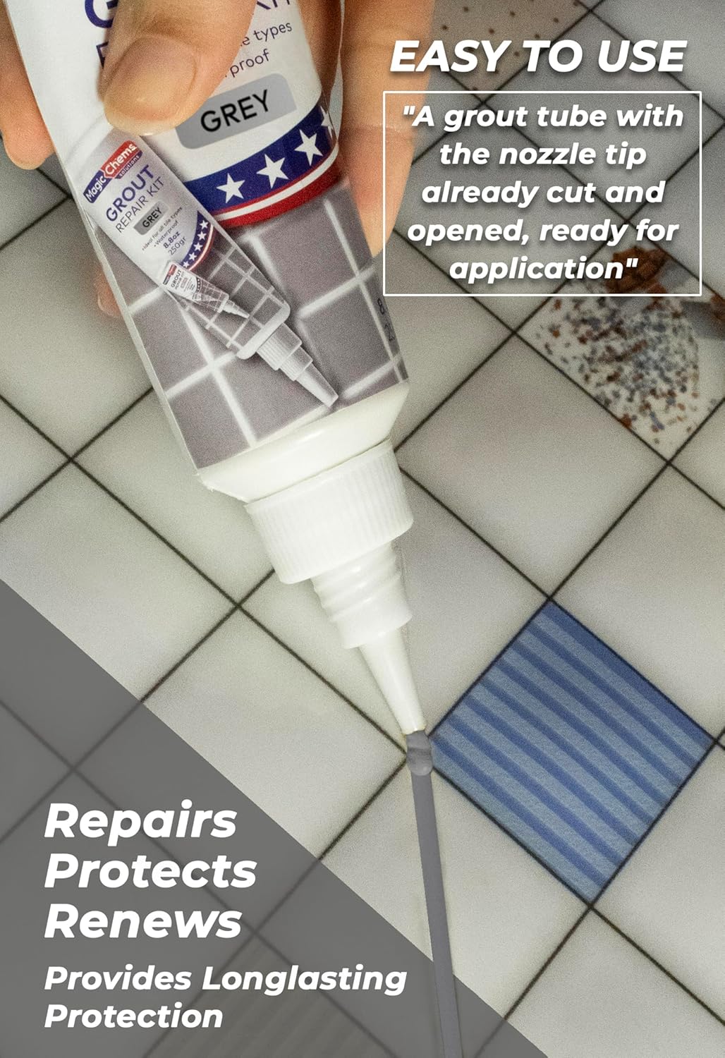 Tile Grout Repair, Grey 8.8 oz/250gr. Fast Drying Grout Repair Kit, Grout Filler Tube Repair Kit, Tile Grout Paint, Grout Sealer Restore and Renew Bathroom Floor, Tile Gaps Joints Lines, Nozzle Cutted
