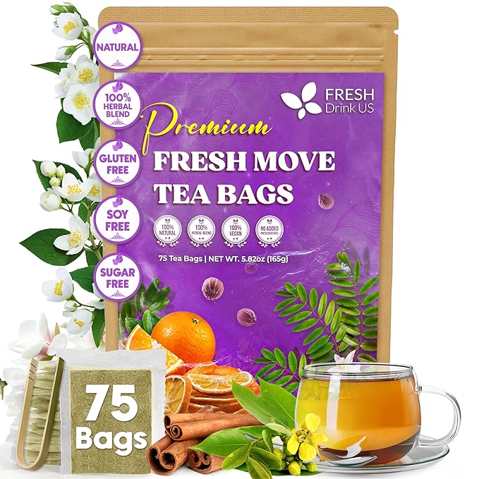 FreshDrinkUS, Fresh Move Tea – 75 Tea Bags - Herbal Tea Blend with Senna Leaves, Cinnamon, Orange Peel, Ginger & More – Caffeine-Free, Natural Ingredients – Smooth Flavor for Everyday Enjoyment