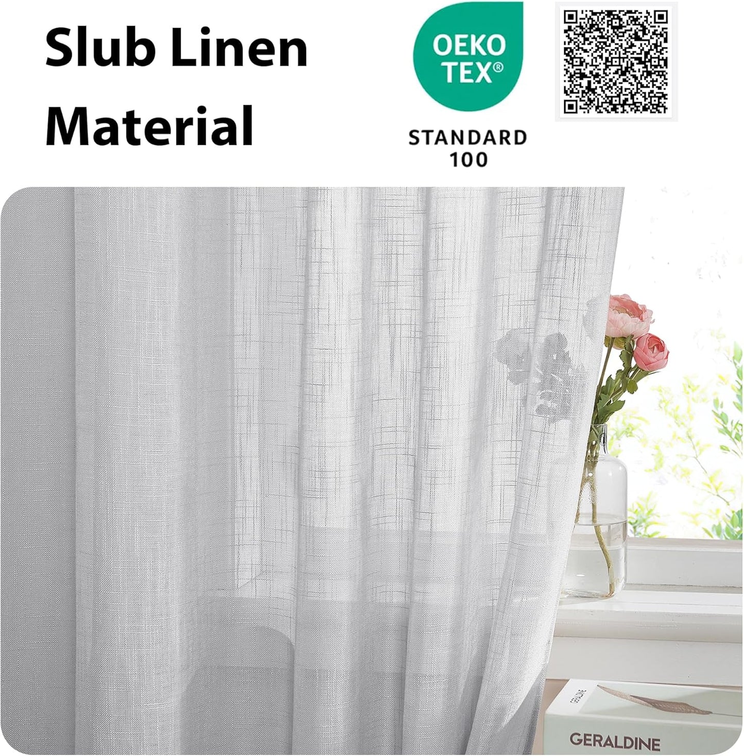 NICETOWN French Door Panel with Tieback - Linen Look Sheer Curtain Linen Textured Sheer French Door Panel with a Tieback (52 Width x 72 Length, Light Grey, 1 PC)