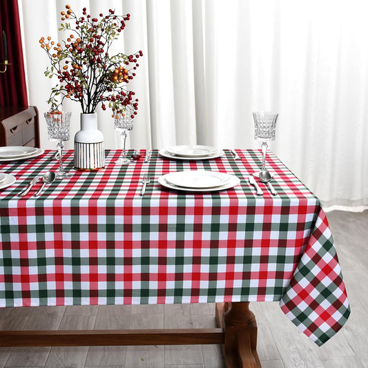 Gingham Xmas Tablecloth Fabric - Oblong 58x120 Water Resistant Christmas Plaid Table Cloth for Indoor/Outdoor Use - Red Tabletop Cover Perfect for Birthday, Picnics, Gardens