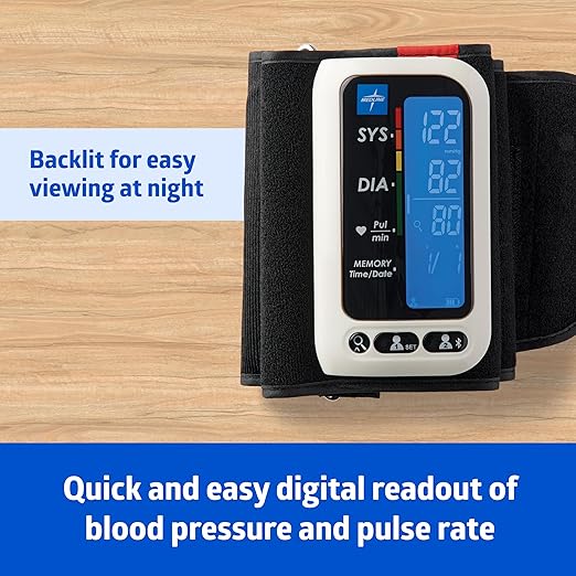 Medline Bluetooth Blood Pressure Monitor, Attached Universal Upper Arm Cuff, Digital LCD Display, Medline Health App Integration, Store Up to 120 Readings, Charger Cable and Carrying Case Included