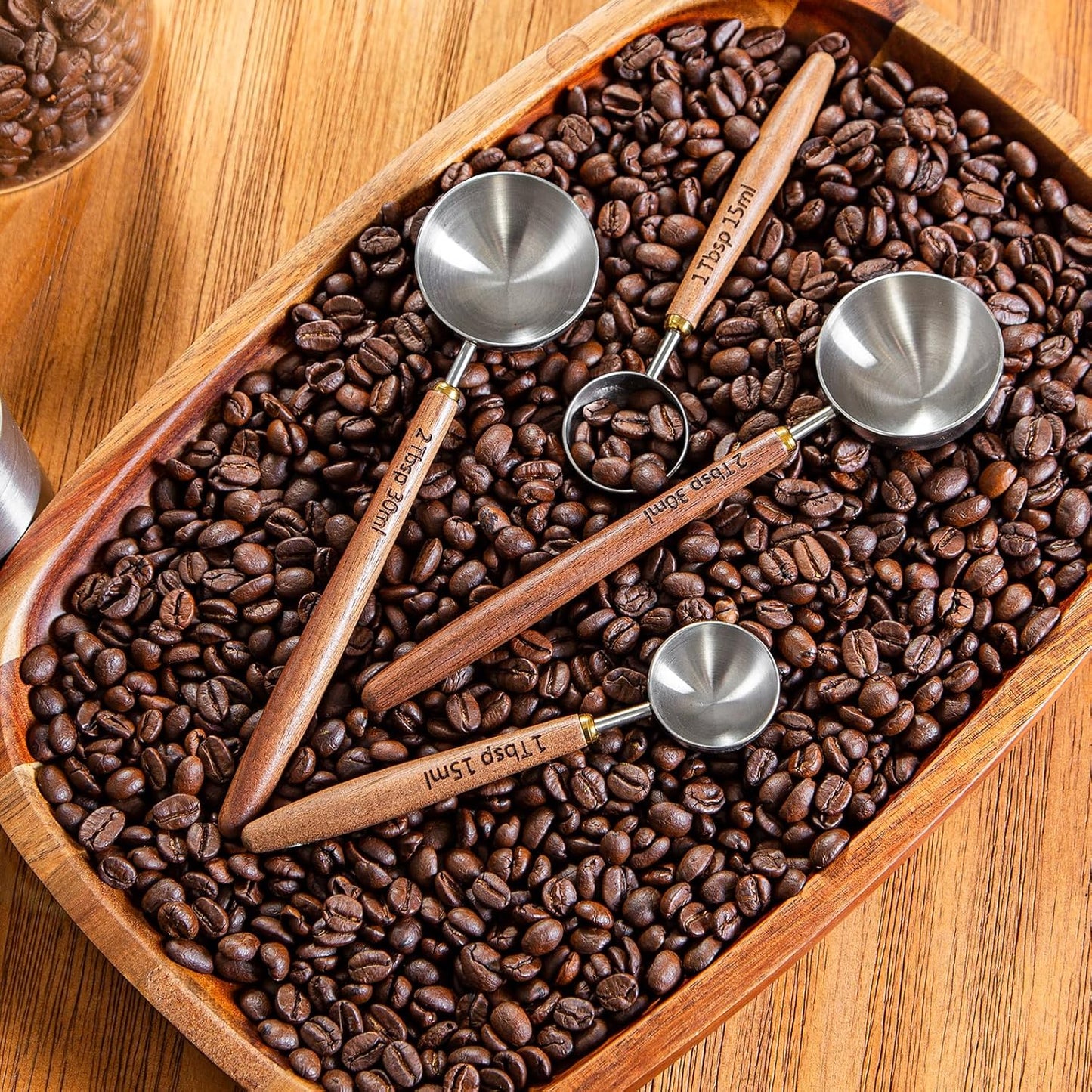 4PCS Wood Scoops for Jars Wooden Scoops for Canisters 2Tbsp + 1Tbsp Measuring Spoons for Coffee Bean Powder Coffee Scoop Measuring Scoop for Salt Sugar Multipurpose-Black Walnut+304 Stainless Steel