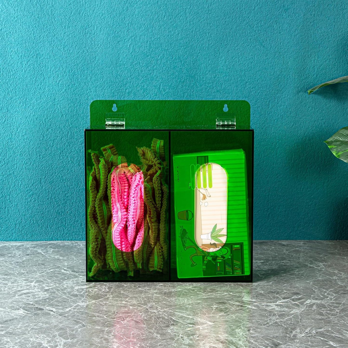 Wall Mounted Glove Dispenser, Hairnet Shoe Cover Dispenser，Acrylic Glove Box Holder, Green (for 2 Boxes)