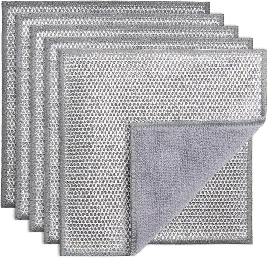 2 in 1 Stainless Steel Scrubber & Microfiber Cleaning Cloth, 5 Pack Towel & Steel Scrub Cloth for Pans, Dishes, Countertops, Reusable Non-Scratch Cleaning Pad for Kitchen Sink