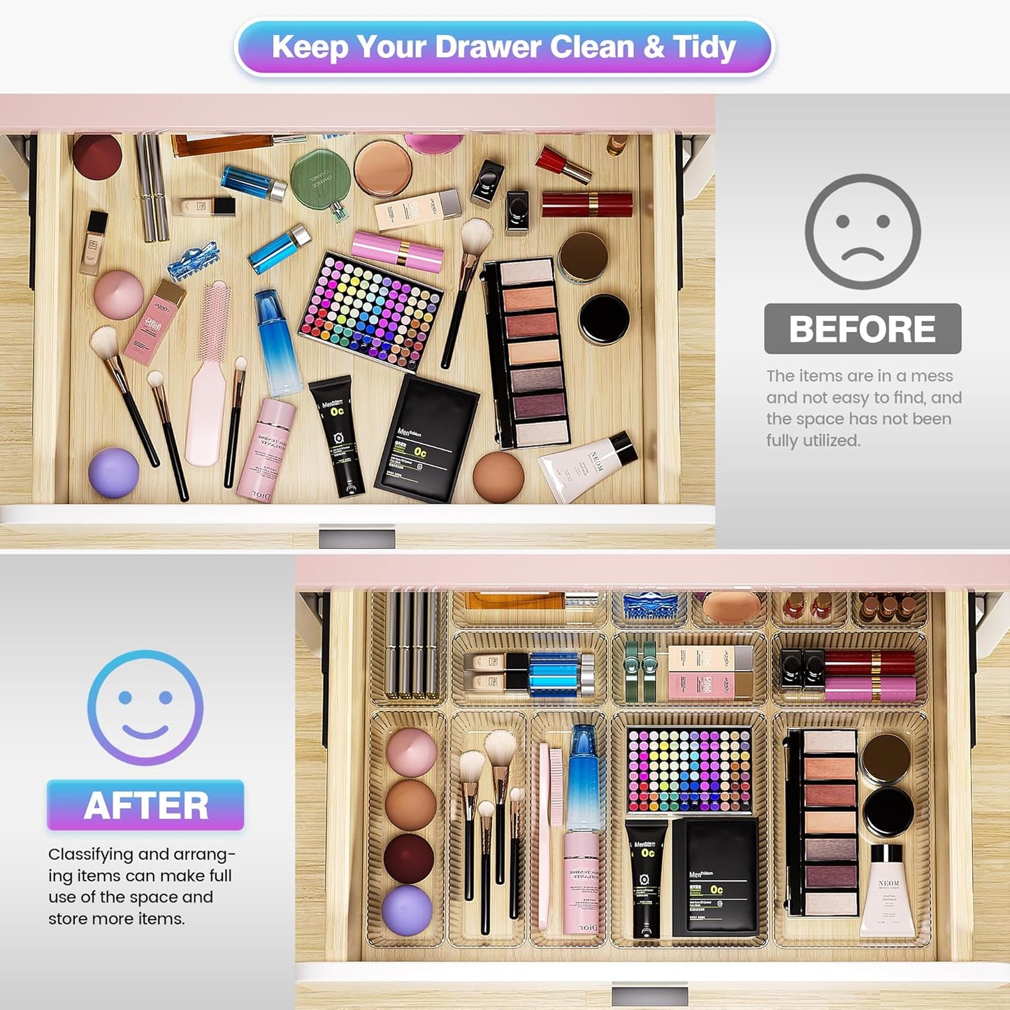 25 PCS Clear Plastic Drawer Organizer Set - 4 Sizes Makeup Organizer Desk Drawer Divider Bathroom Organizers and Storage Bins for Makeup, Jewelry, Gadgets, Office, Kitchen, Bedroom, Bathroom