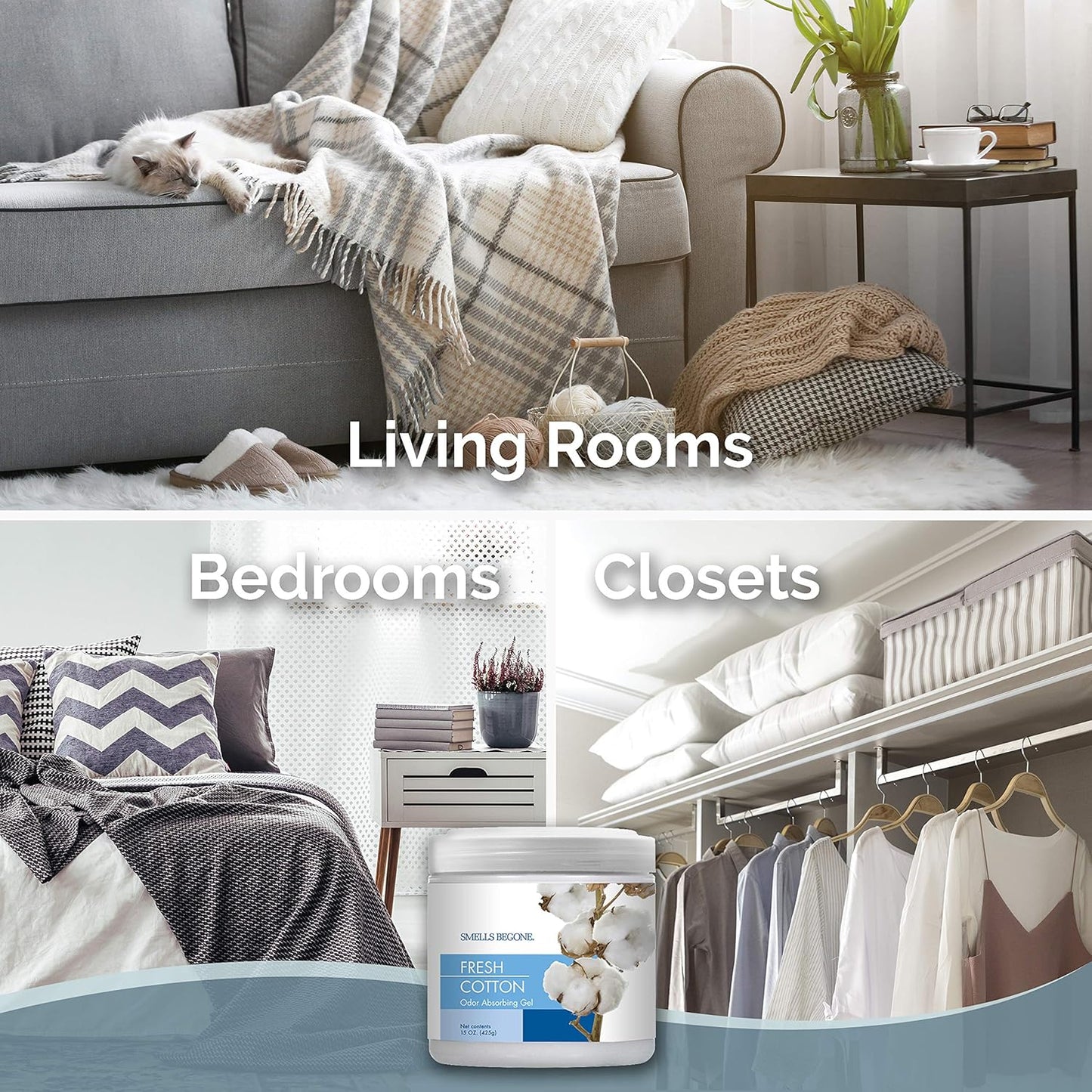 SMELLS BEGONE Air Freshener Odor Absorber Gel - 15 oz, Pack of 2 - Absorbs and Eliminates Odor in Pet Areas, Bathrooms, Cars, & Boats - Made with Essential Oils - Fresh Cotton Scent