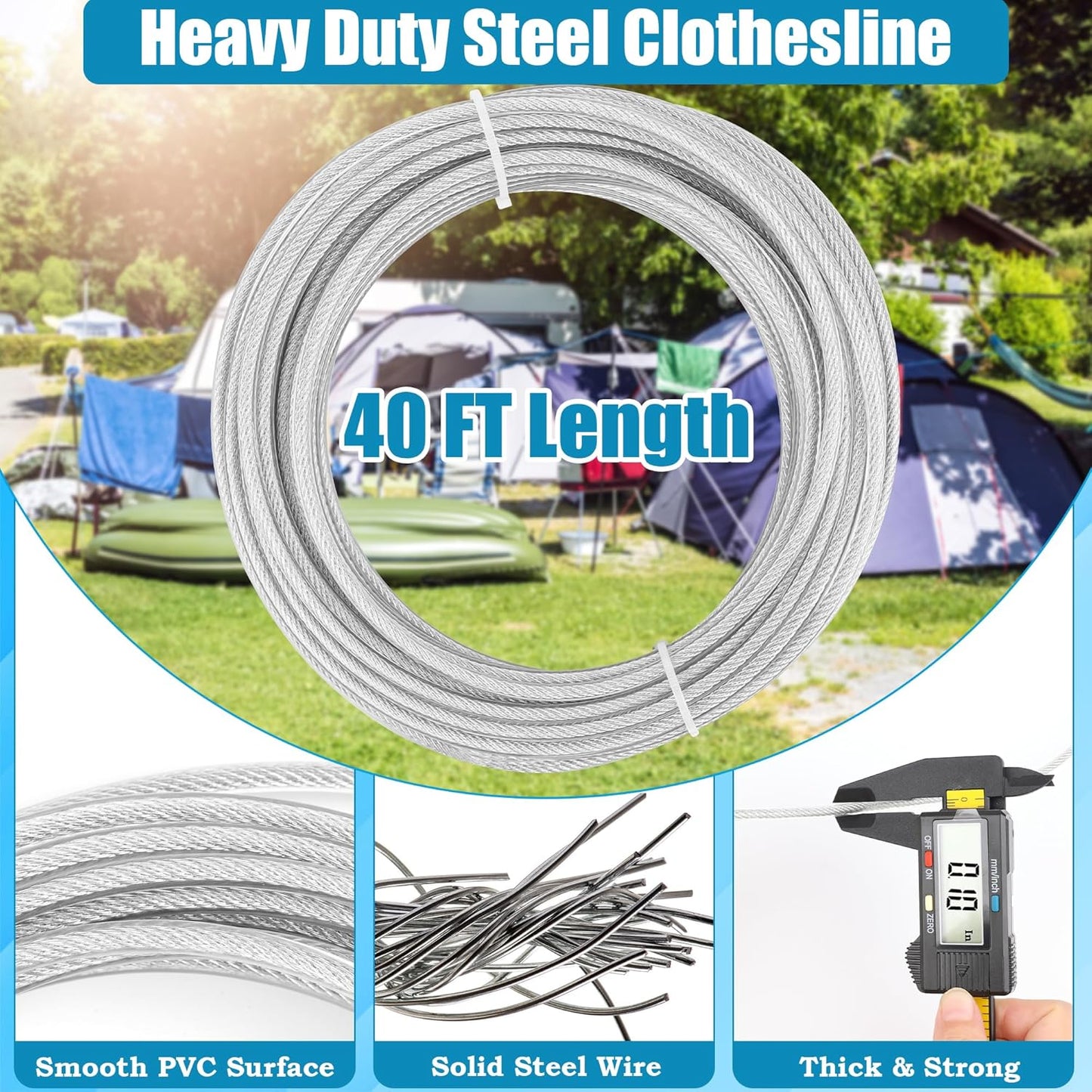 20FT/ 40FT Retractable Travel Clothesline, Adjustable Outdoor Clothesline Drying Clothes Line Laundry for Travel Camping, with Ratchet Pulley/ 2 Screws/ 2 Buckles (Black+Silver, 472, Inches)