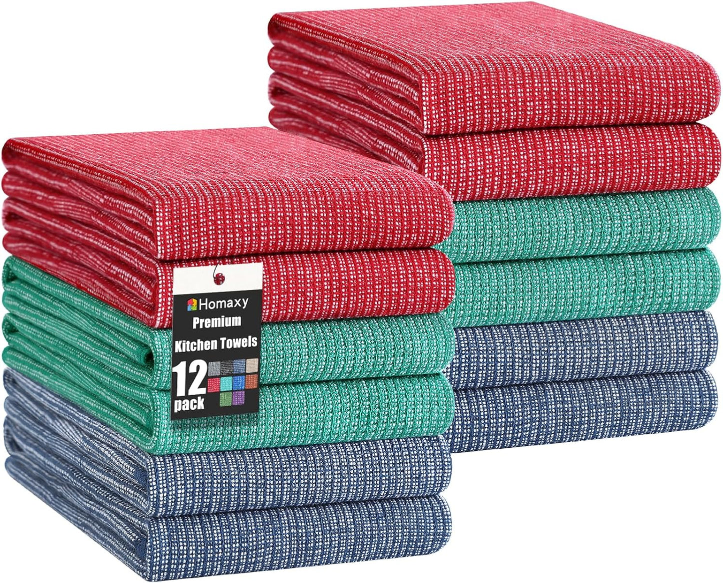 Homaxy Premium Kitchen Towels(18”x 28”, 12 Pack), Large Cotton Kitchen Hand Towels, Flat and Terry Dish Towels, 380 GSM Highly Absorbent Tea Towel Set with Hanging Loop, Navy Blue/Red/Green