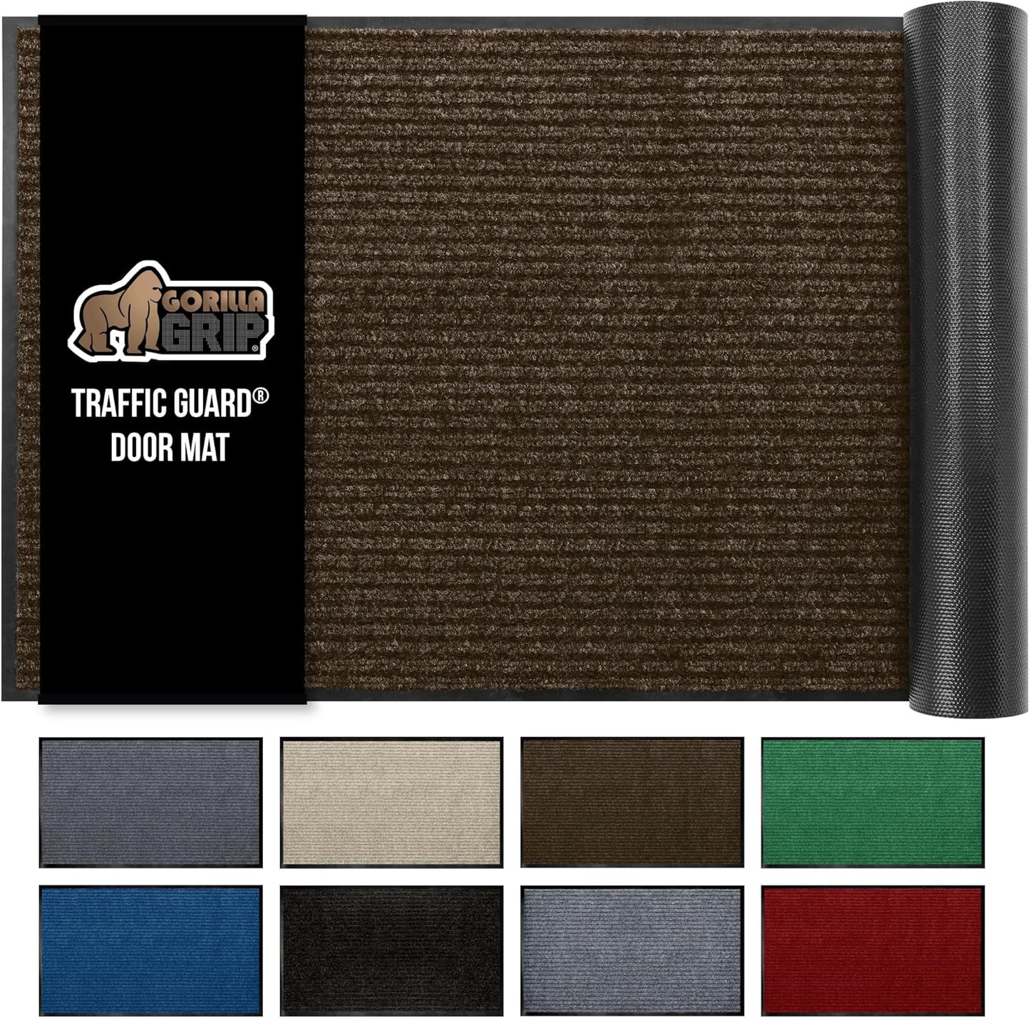 GORILLA GRIP Traffic Guard Door Mat, Heavy Duty Welcome Mats, Commercial Office Space Doormat, Waterproof, Fade Resistant, Strong Rubber Backing, Low Profile, Shoe and Boot Scraper, 35x23, Brown