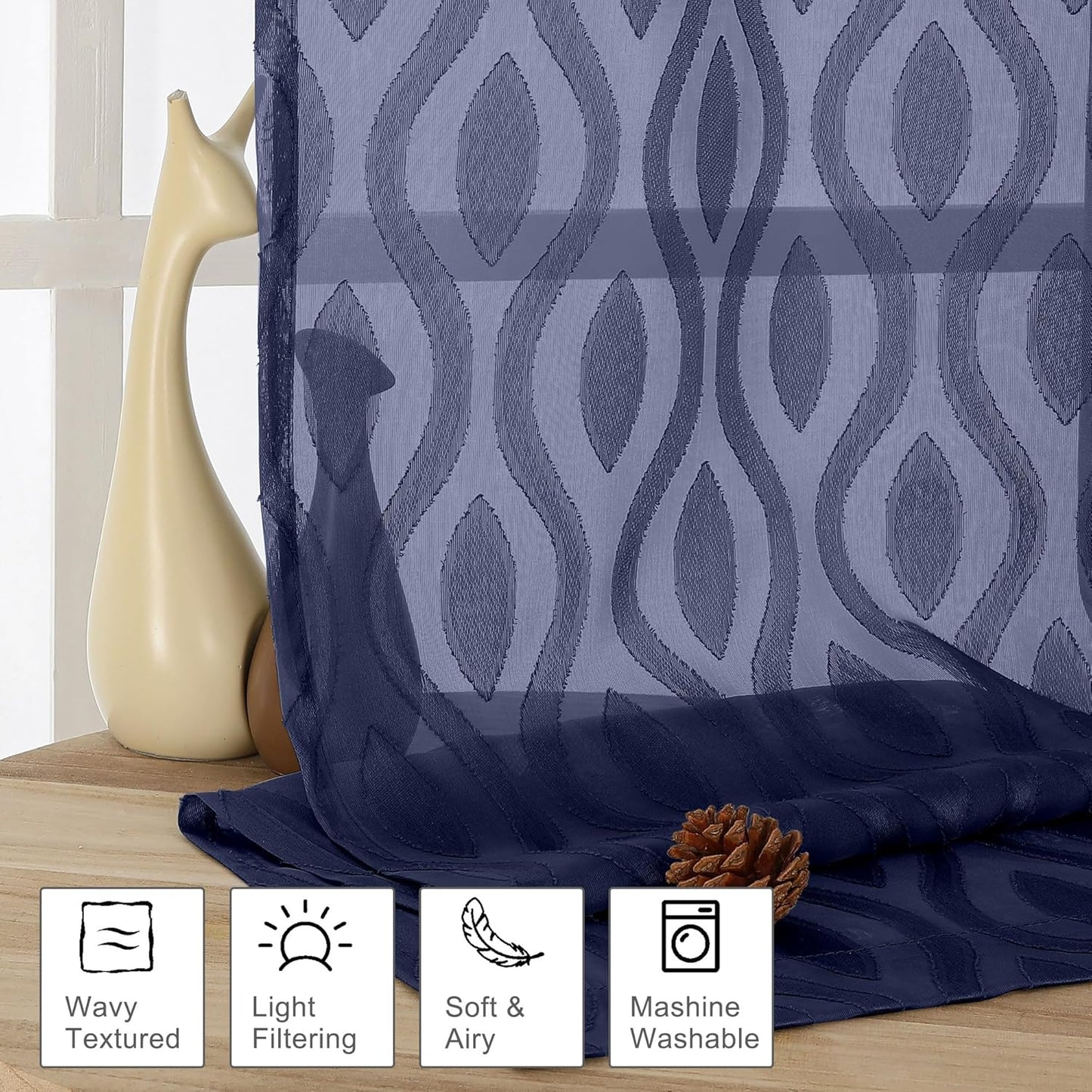 Aiyufeng Extra Long Sheer Curtains 96 Inches Long for Bedroom 2 Panels Set, Modern Light Filtering Wavy Line Clip Jacquard See Through Curtains for Bedroom Living Room, Navy Blue, 40" Wx96 L Inches