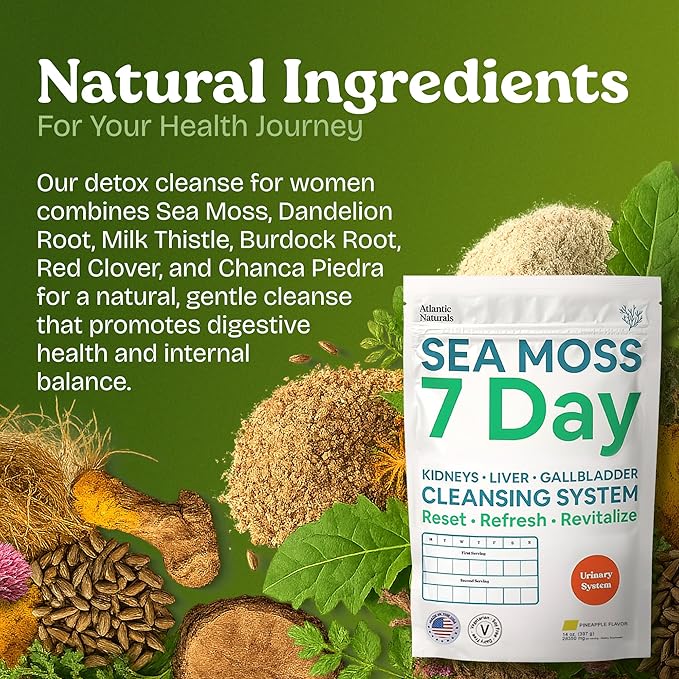 Atlantic Naturals Sea Moss 7 Day Detox Liver, Gallbladder & Kidney Cleanse - Support with Dandelion Root, Milk Thistle, Burdock Root, Red Clover, Chanca Piedra - Pineapple Flavor Drink Mix (14 oz)