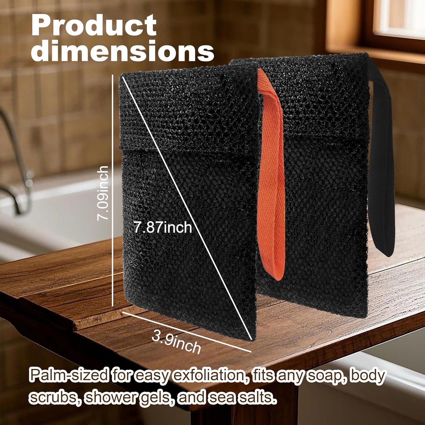 2 Pack Soap Bag Deep Roughness,Bar Soap Pouch Saver Pocket,Body Scrubber Shower Sponge Loofah,Exfoliating Bath Sponge (Black)