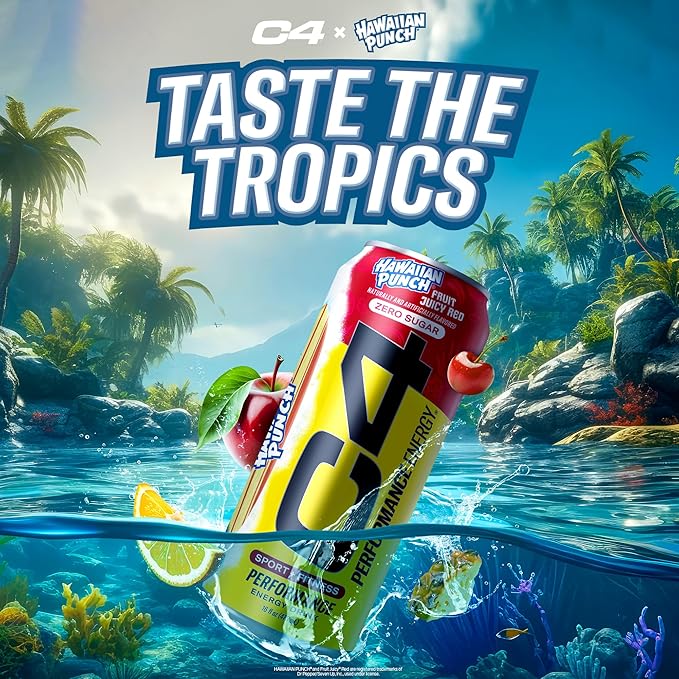 C4 Energy Drink, Hawaiian Punch Fruit Juicy Red, Carbonated Sugar Free Pre Workout Performance Drink with no Artificial Colors or Dyes, 16oz Pack of 12