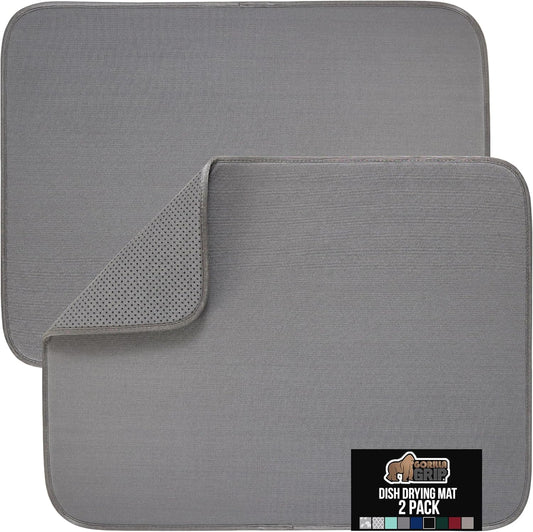 GORILLA GRIP Ultra Water Absorbent Microfiber Dish Drying Mat, Quick Dry Thick Mesh, Slip Resistant Pad for Sink Dishes or Under Rack, Kitchen Counter Accessories, 16x18, Machine Wash, 2 Pack Gray