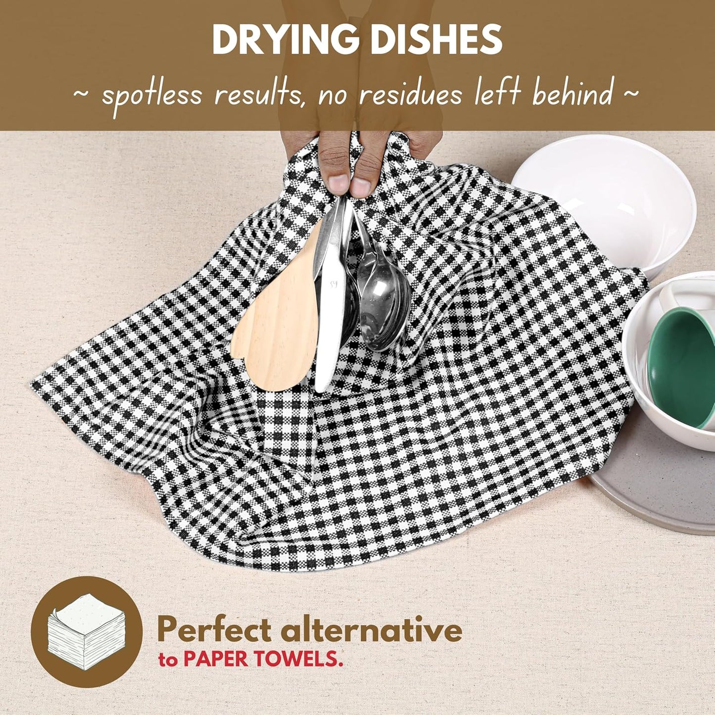 Native Fab Black Gingham Dish Towels 16"x26" Set of 12 - Cotton Mini Check Plaid Towels, Soft Absorbent Dishcloths with Hanging Loop, Kitchen Towel for Quick Drying - Black White