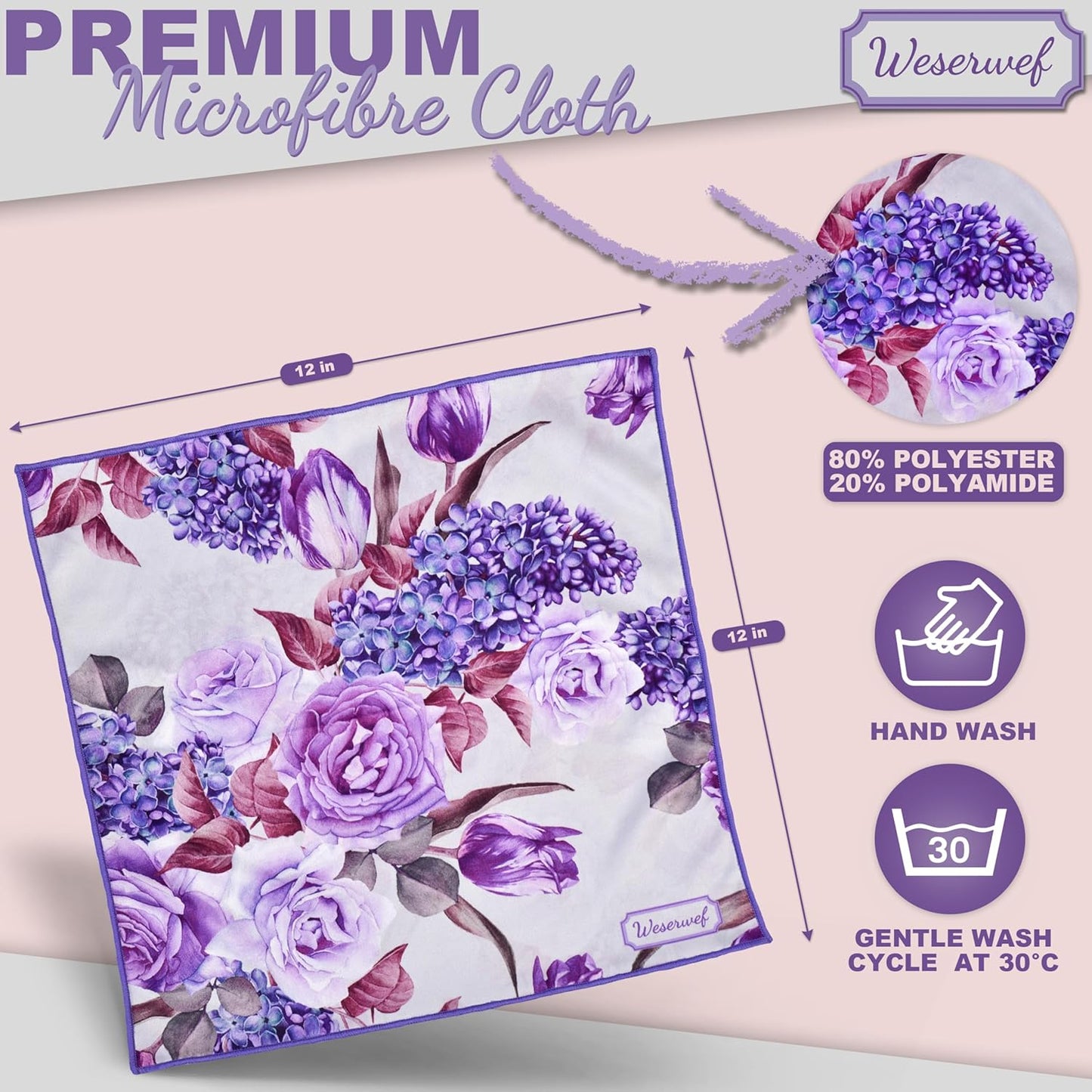 WESERWEF Design Microfiber Glasses Cleaning Cloth – Premium Cleaning Cloth for Eyeglasses, Screens, Tablets, Cameras & Lenses, 12" x 12", Ultra-Soft & Scratch-Free (Rose and Lilac)