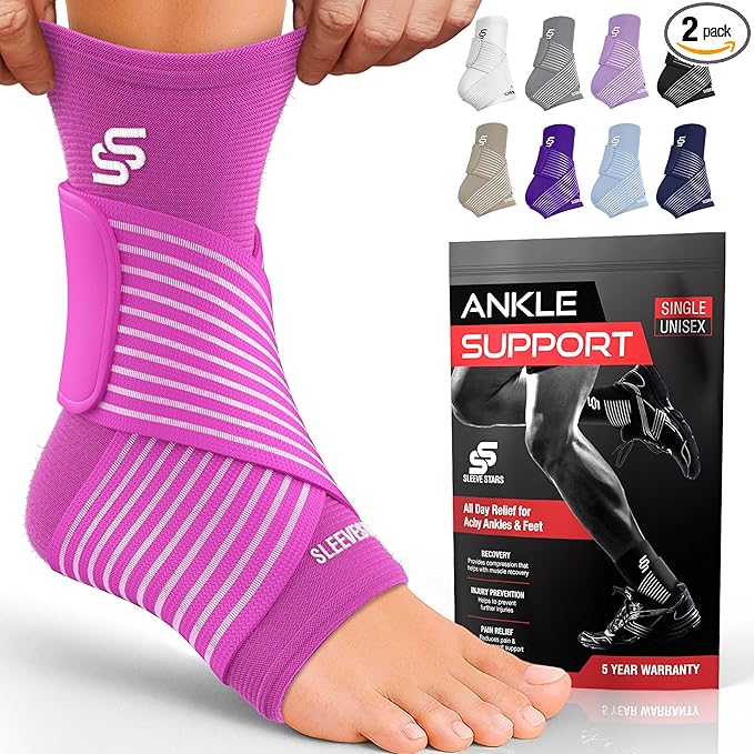 Sleeve Stars Ankle Brace for Women & Men, Ankle Wrap for Sprain, Compression Sleeve for Plantar Fasciitis Relief, Easy Customizable Support: w/ Removable Strap (Pair/M:10"-12"/Hot Pink)