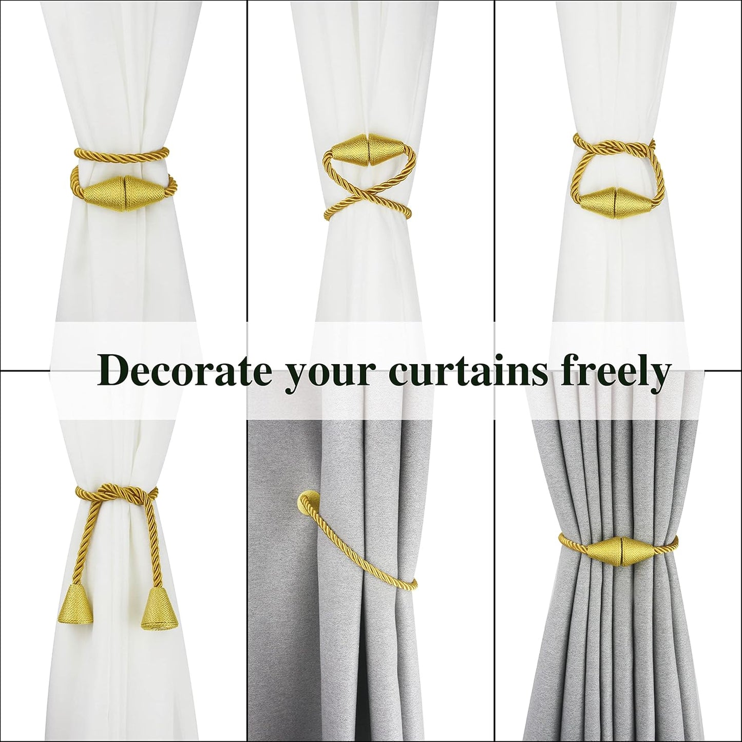 2 Pack Magnetic Curtain Tiebacks Rope Modern Handmade Curtain Tie Backs Decorative Drapes Weave Holdbacks for Window Décor, Gold