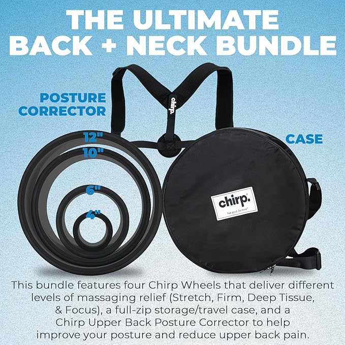 Ultimate Back + Neck Bundle, 4-Pack Chirp Wheel Massage Rollers, Carrying Case, Upper Back Posture Corrector, Includes Focus, Muscle Massage, and Gentle High Density Foam Rollers, Up to 500 lbs, Black