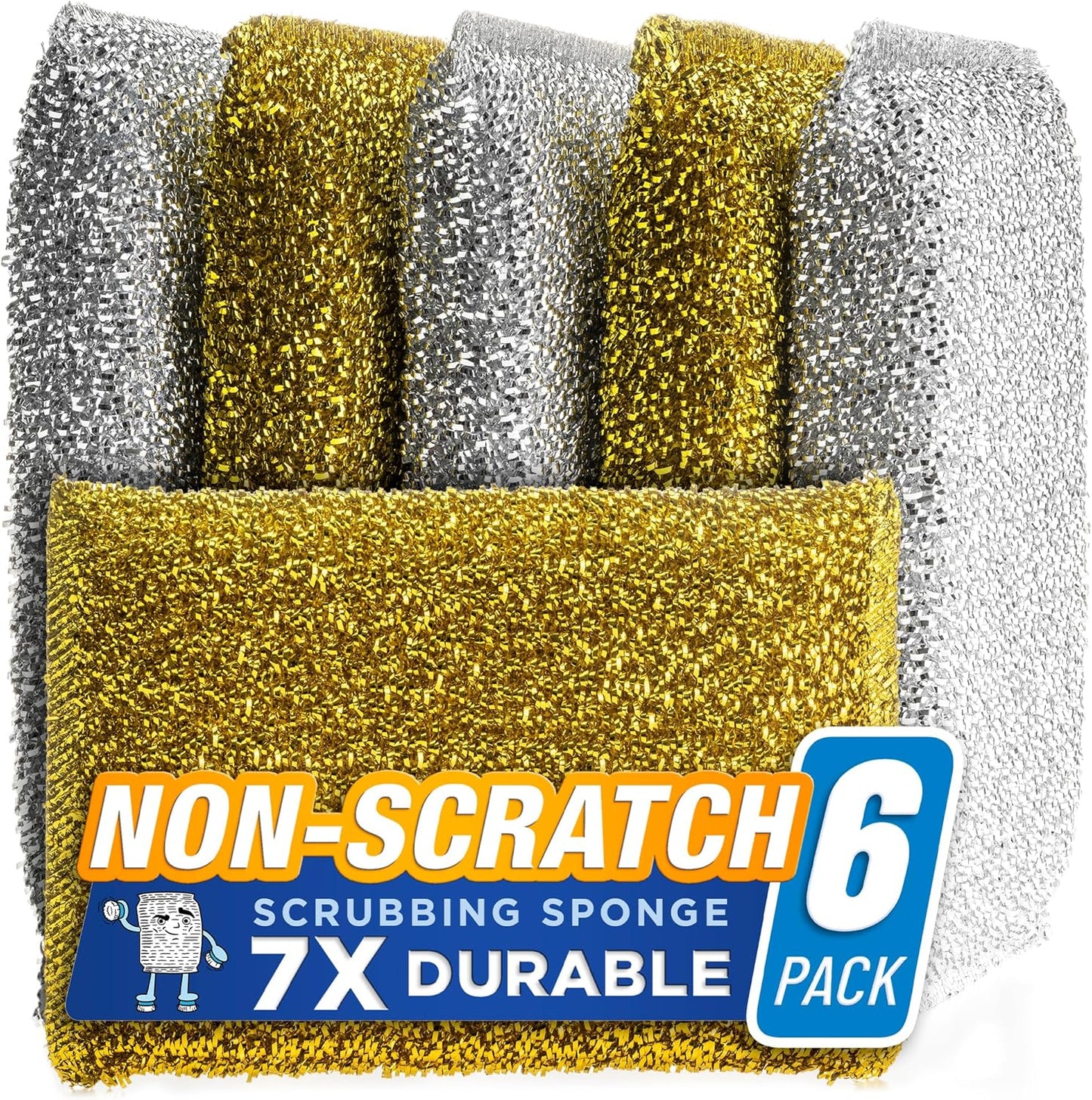SPONGENATOR Kitchen Scrubbing Sponges - Heavy Duty Non-Scratch Scrubbing Cleaner Sponges in 2 Colors - Multi-Surface Non-Metal Dish Scouring Scrubbers for Fast Cleaning (Gold & Silver, 6)